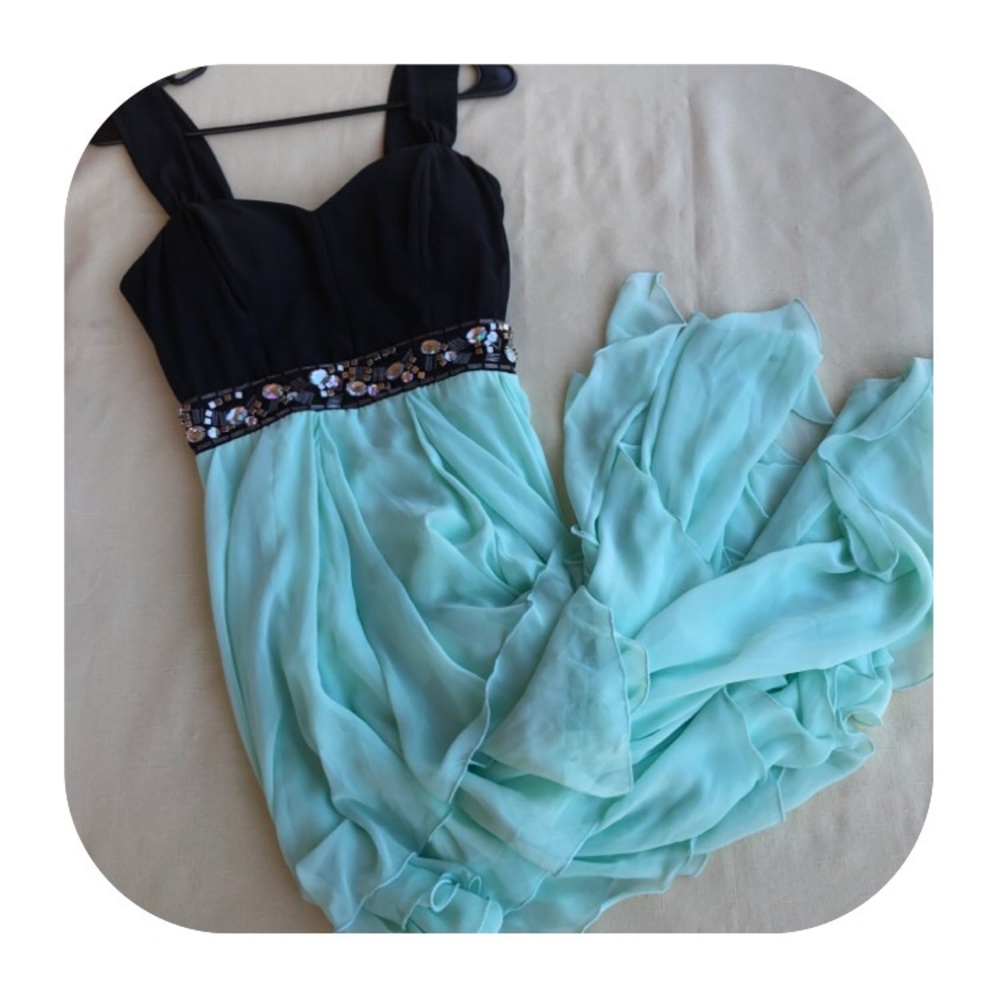 B. Darlin size 9/10 formal dress. Aqua/mint and black. Beads and sequins